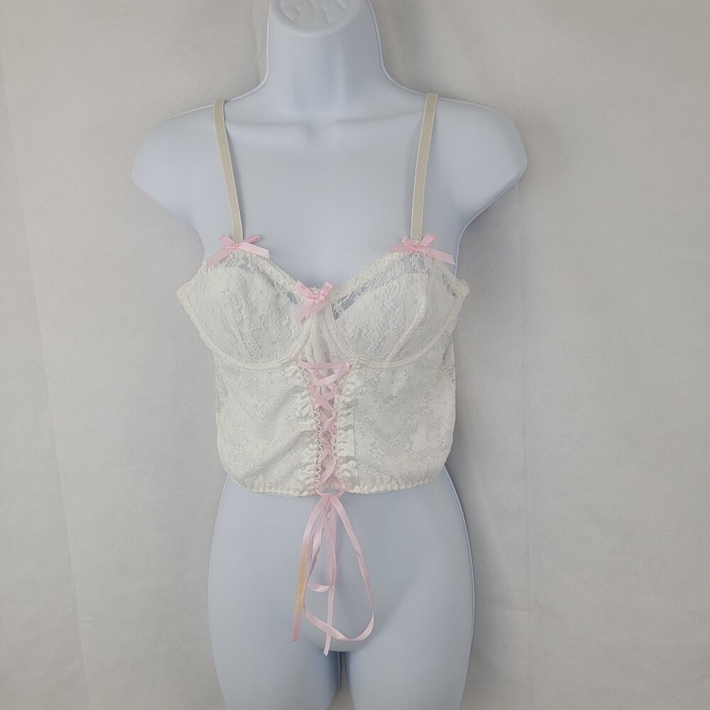 ROMWE Lace Corset Bustier Crop Top LARGE White Pink Coquette Girly Soft Romantic